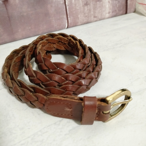 Braided Brown Leather Belt with Gold Buckle Sz S/M Skinny Adjustable - Picture 10 of 11